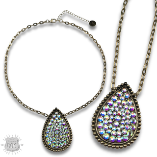 Rhinestone filled teardrop pendant chain necklace