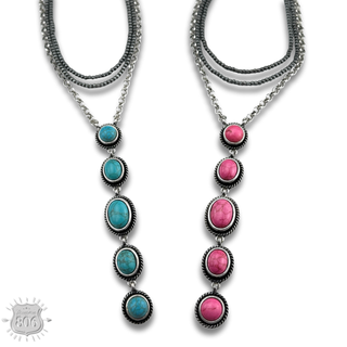 Burnished bead and stone drop Y necklace