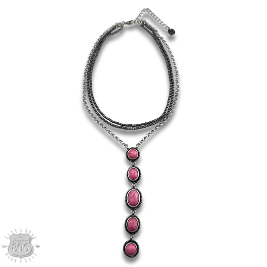 Burnished bead and stone drop Y necklace