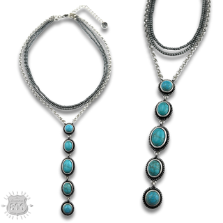 Burnished bead and stone drop Y necklace