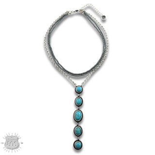 Burnished bead and stone drop Y necklace