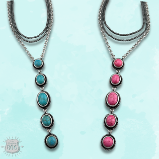 Burnished bead and stone drop Y necklace