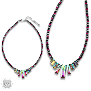 Rhinestone rectangle and burnished bead necklace