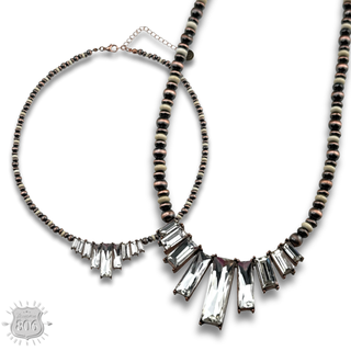 Rhinestone rectangle and burnished bead necklace