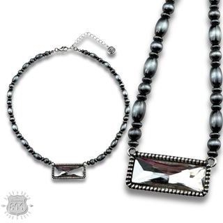 Rectangle rhinestone, burnished bead necklace