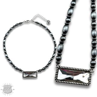 Rectangle rhinestone, burnished bead necklace