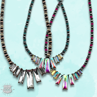 Rhinestone rectangle and burnished bead necklace