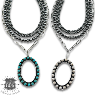 Burnished silver necklace, oval stone pendant