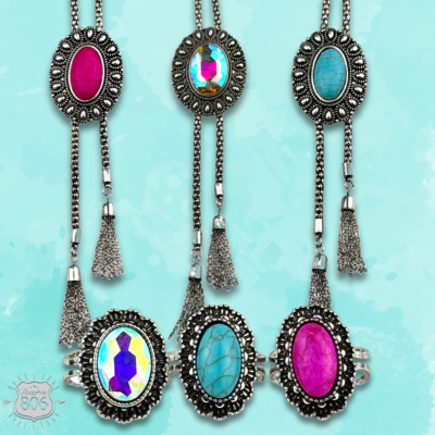 Western silver bolo necklace with oval stone slide
