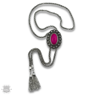 Western silver bolo necklace with oval stone slide