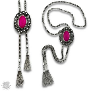 Western silver bolo necklace with oval stone slide