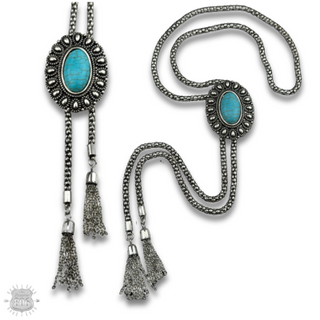 Western silver bolo necklace with oval stone slide