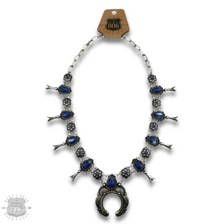 Western concho squash blossom necklace with denim natural stones