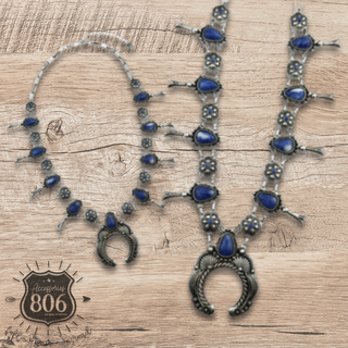 Western concho squash blossom necklace with denim natural stones