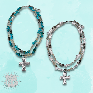 Textured cross pendant on chip stone double strand necklace