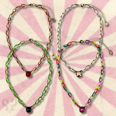 Enamel chain link pendant necklace, Austrian crystal