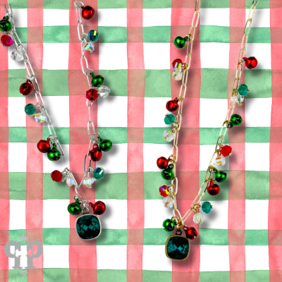 Christmas bell chain link pendant necklace, Austrian crystal