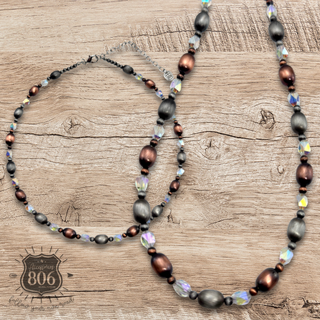 Burnished silver bead and crystal necklace