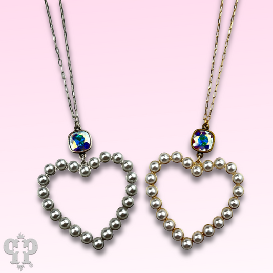 Pearl open heart chain necklace with Austrian crystal