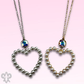 Pearl open heart chain necklace with Austrian crystal