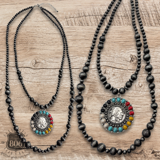 Double strand Navajo pearl necklace with multi-color pendant