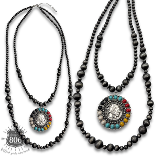 Double strand Navajo pearl necklace with multi-color pendant