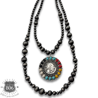 Double strand Navajo pearl necklace with multi-color pendant