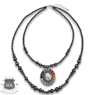 Double strand Navajo pearl necklace with multi-color pendant