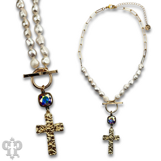 Freshwater pearl and cross neckace with Austrian crystal