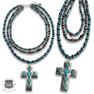 Three strand western cross pendant necklace