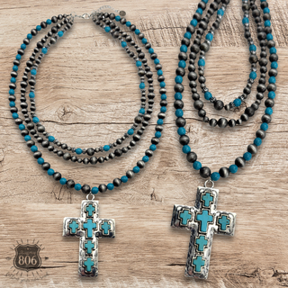 Three strand western cross pendant necklace