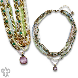 Gold tone and glass bead necklace with Austrian crystal