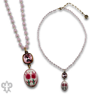 Ceramic flower charm necklace with Austrian crystal