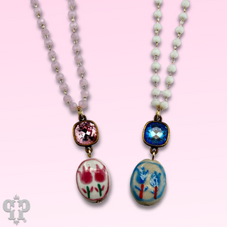 Ceramic flower charm necklace with Austrian crystal