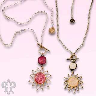 Sparkling druzy style sun pendant necklace with Austrian crystal - LC