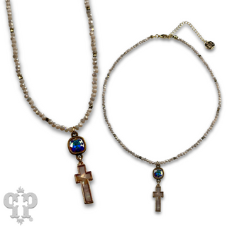 Pearl finish cross charm necklace with Austrian crystal