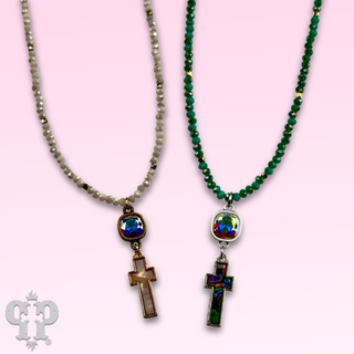 Pearl finish cross charm necklace with Austrian crystal