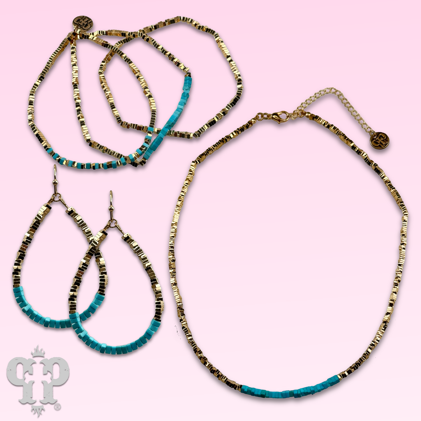 Gold and turquoise square bead bracelet