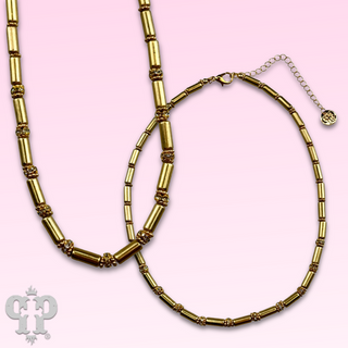 Gold tube bead and rhinestone necklace