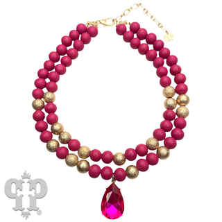 Wood and gold tone bead necklace with rhinestone teardrop charm - LC