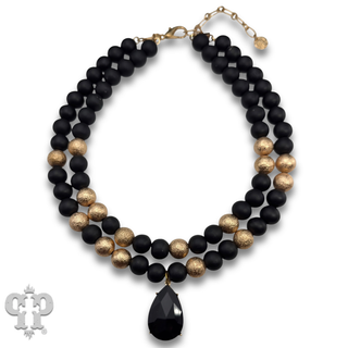 Wood and gold tone bead necklace with rhinestone teardrop charm - LC