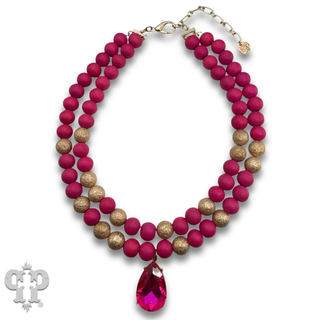 Wood and gold tone bead necklace with rhinestone teardrop charm - LC