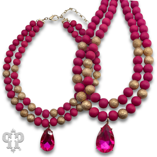 Wood and gold tone bead necklace with rhinestone teardrop charm - LC