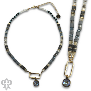 Stone disc and crystal bead necklace with Austrian crystal