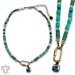 Stone disc and crystal bead necklace with Austrian crystal