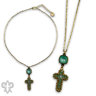 Wire wrapped bead cross necklace with Austrian crystal