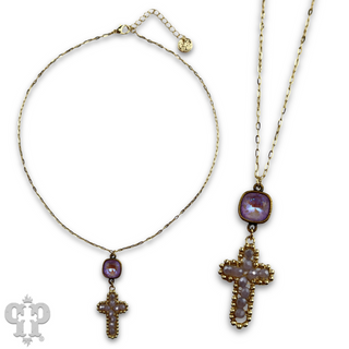 Wire wrapped bead cross necklace with Austrian crystal