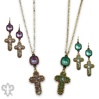 Wire wrapped bead cross earring with Austrian crystal