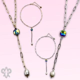 Pearl drop chain necklace with Austrian crystal