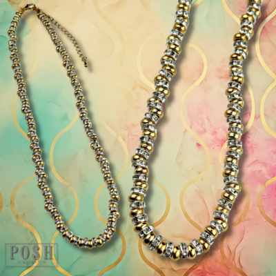 Gold saucer bead and clear rhinestone necklace